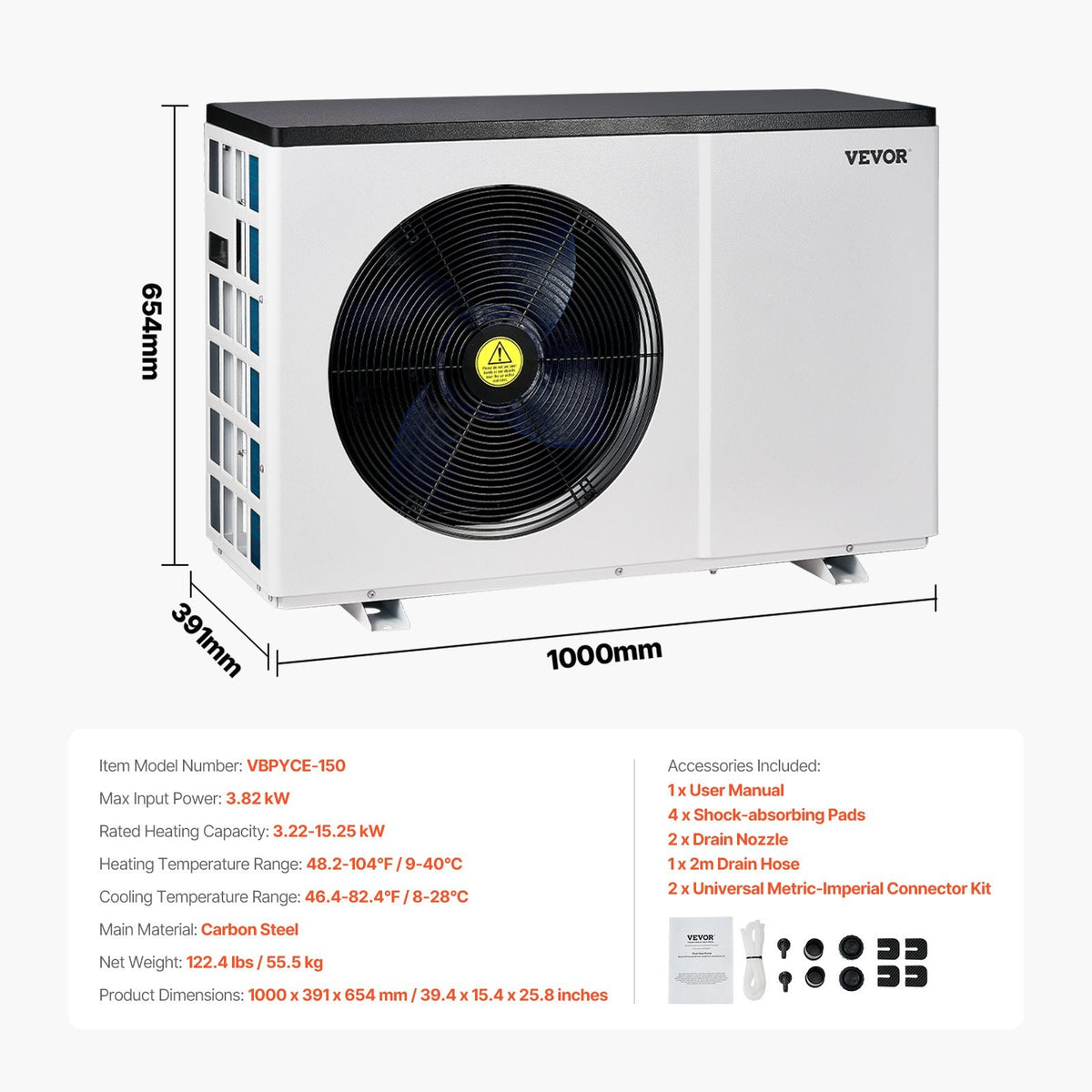 VEVOR Elektriskais baseina siltumsūknis, 3,22–15,25 kW sildīšanas jauda, energoefektīvs invertora tipa baseina ūdens sildītājs un dzesētājs 30–60 m³ virszemes baseiniem, AC 220–240 V, 50 Hz