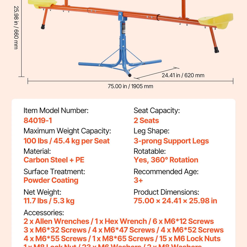 VEVOR Bērnu balansieris ar 45,4 kg slodzes ietilpību uz sēdvietu, sēdi un griezies tipa šūpoles ar 3 balsta kājām, 360° rotējošs āra rotaļu aprīkojums bērniem no 3 gadu vecuma