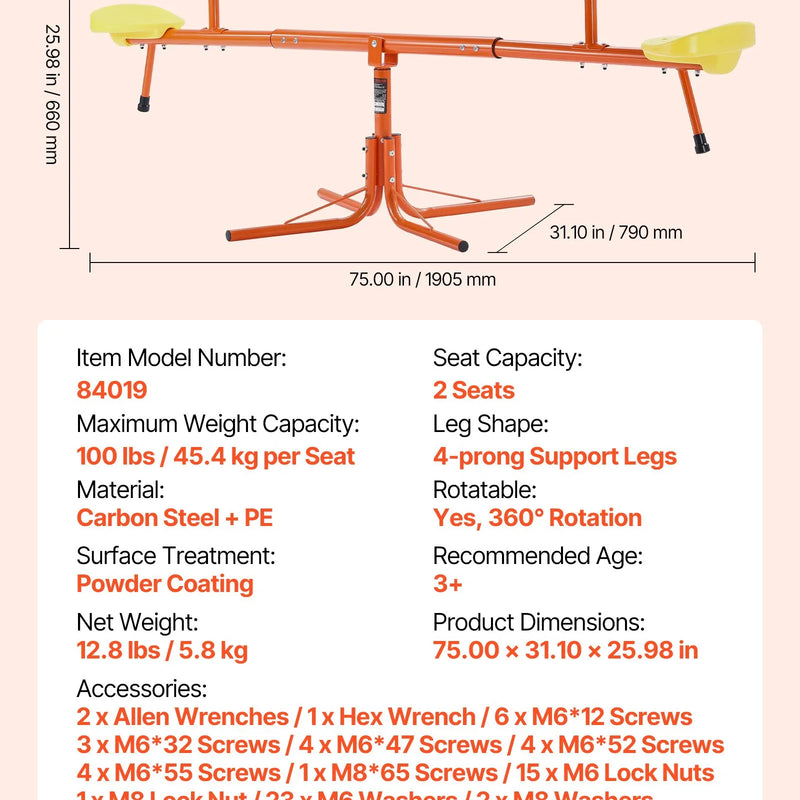 VEVOR Bērnu balansieris ar 45,4 kg slodzes ietilpību uz sēdvietu, sēdi un griezies tipa šūpoles ar 4 balsta kājām, 360° rotējošs āra rotaļu aprīkojums bērniem no 3 gadu vecuma