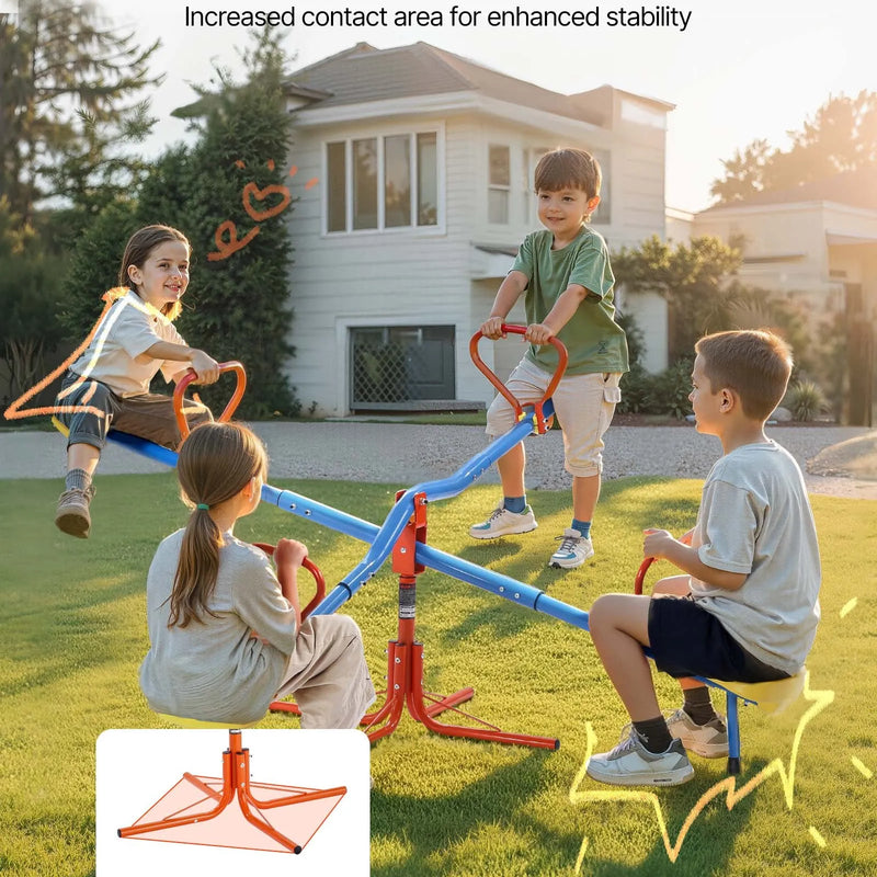 VEVOR Bērnu balansieris ar 49,9 kg slodzes ietilpību uz sēdvietu, sēdi un griezies tipa šūpoles ar 4 balsta kājām, 360° rotējošs āra rotaļu aprīkojums bērniem no 3 gadu vecuma, 4 sēdvietas