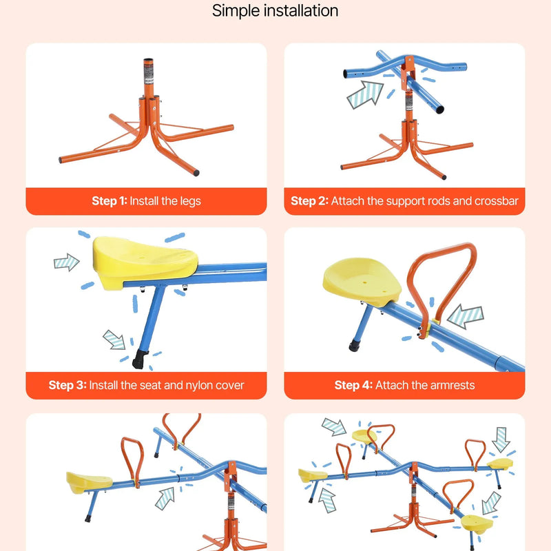 VEVOR Bērnu balansieris ar 49,9 kg slodzes ietilpību uz sēdvietu, sēdi un griezies tipa šūpoles ar 4 balsta kājām, 360° rotējošs āra rotaļu aprīkojums bērniem no 3 gadu vecuma, 4 sēdvietas