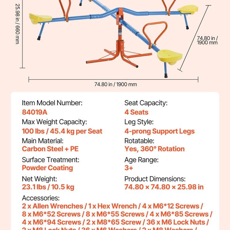 VEVOR Bērnu balansieris ar 49,9 kg slodzes ietilpību uz sēdvietu, sēdi un griezies tipa šūpoles ar 4 balsta kājām, 360° rotējošs āra rotaļu aprīkojums bērniem no 3 gadu vecuma, 4 sēdvietas