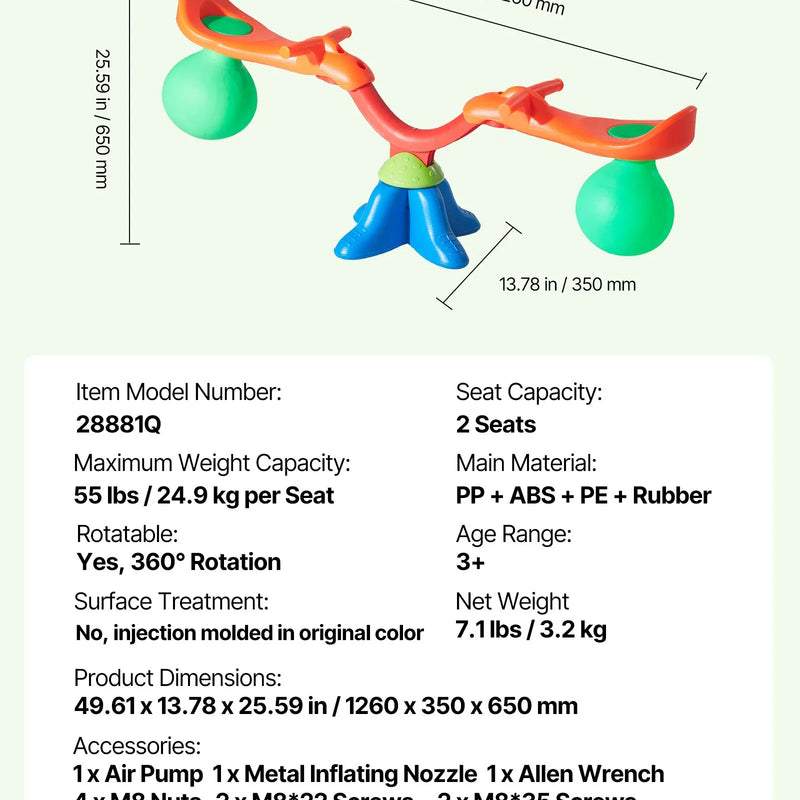 VEVOR Bērnu balansieris ar 24,95 kg slodzes ietilpību uz sēdvietu, sēdi un griezies tipa šūpoles ar rokturiem, 360° rotējošs āra rotaļu aprīkojums bērniem no 3 gadu vecuma, daudzkrāsains