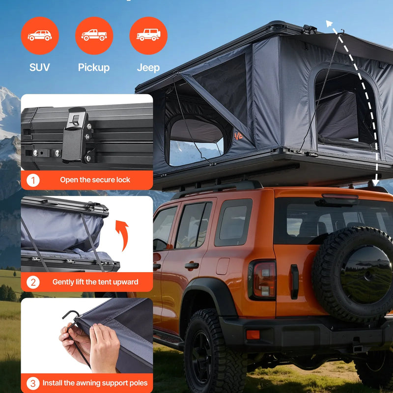 VEVOR jumta telts ar cieto alumīnija apvalku 2–3 personām ar trīskrāsu LED apgaismojumu, biezu matraci un 2 logiem, ūdensizturīga un vēja noturīga, piemērota Jeep, SUV un pikapam