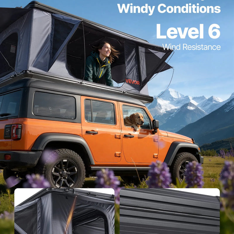 VEVOR jumta telts ar cieto alumīnija apvalku 2–3 personām ar trīskrāsu LED apgaismojumu, biezu matraci un 2 logiem, ūdensizturīga un vēja noturīga, piemērota Jeep, SUV un pikapam