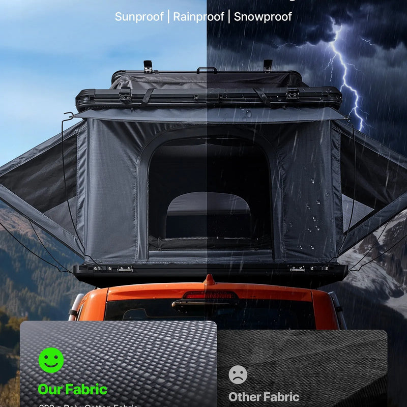 VEVOR jumta telts ar cieto alumīnija apvalku 2–3 personām ar trīskrāsu LED apgaismojumu, biezu matraci un 2 logiem, ūdensizturīga un vēja noturīga, piemērota Jeep, SUV un pikapam