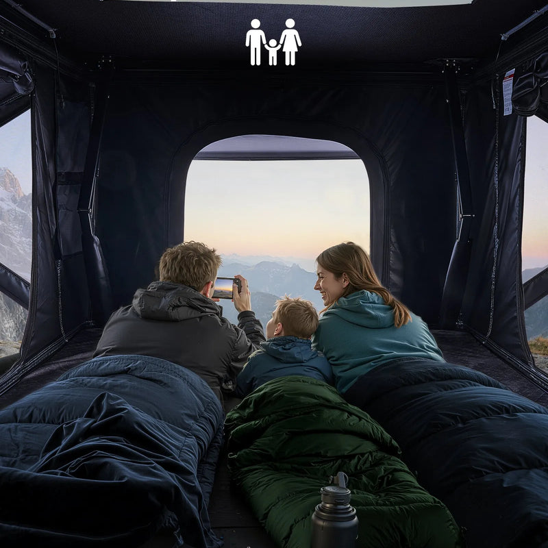 VEVOR jumta telts ar cieto alumīnija apvalku 2–3 personām ar trīskrāsu LED apgaismojumu, biezu matraci un 2 logiem, ūdensizturīga un vēja noturīga, piemērota Jeep, SUV un pikapam