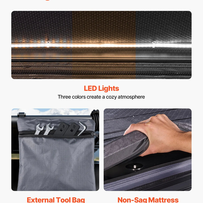 VEVOR jumta telts ar cieto alumīnija apvalku 2–3 personām ar trīskrāsu LED apgaismojumu, biezu matraci un 2 logiem, ūdensizturīga un vēja noturīga, piemērota Jeep, SUV un pikapam