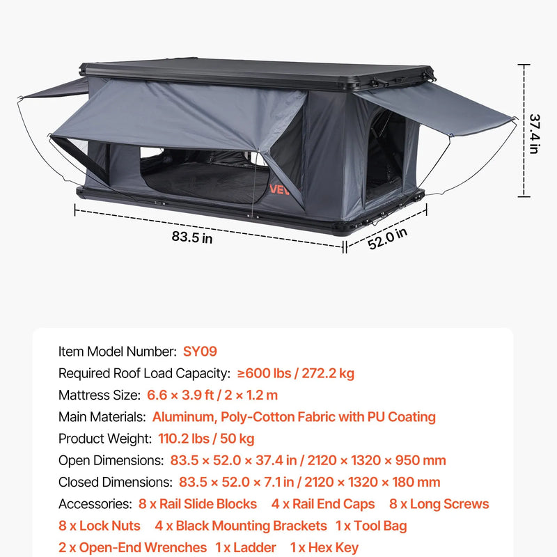 VEVOR jumta telts ar cieto alumīnija apvalku 2–3 personām ar trīskrāsu LED apgaismojumu, biezu matraci un 2 logiem, ūdensizturīga un vēja noturīga, piemērota Jeep, SUV un pikapam
