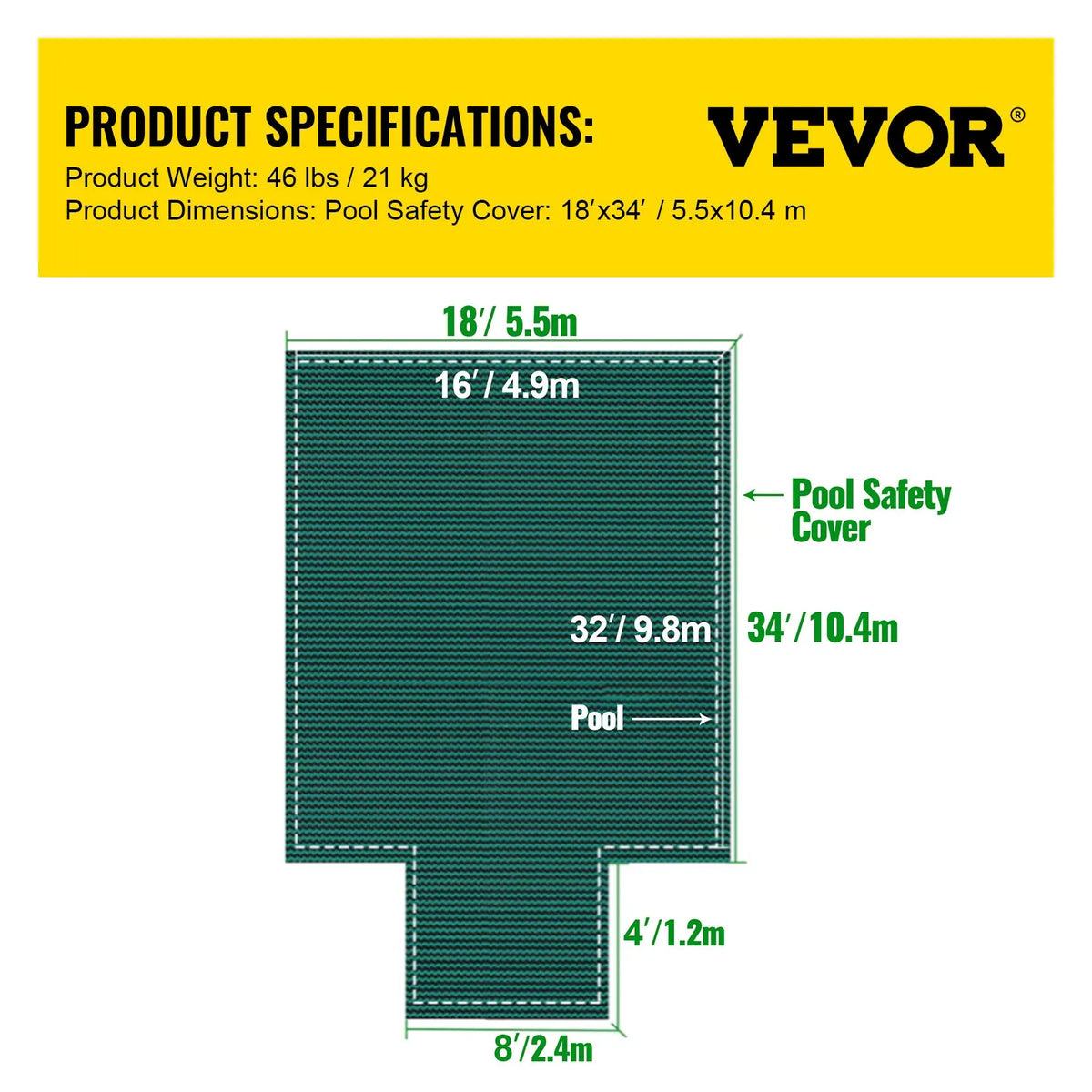 VEVOR drošības baseina pārsegs pazemes taisnstūra baseinam 5,49 × 10,97 m, ar 1,2 × 3,04 m centra gala pakāpienu, sieta tipa pārsegs ar drenāžas atverēm, ziemas drošības pārsegs, zaļš
