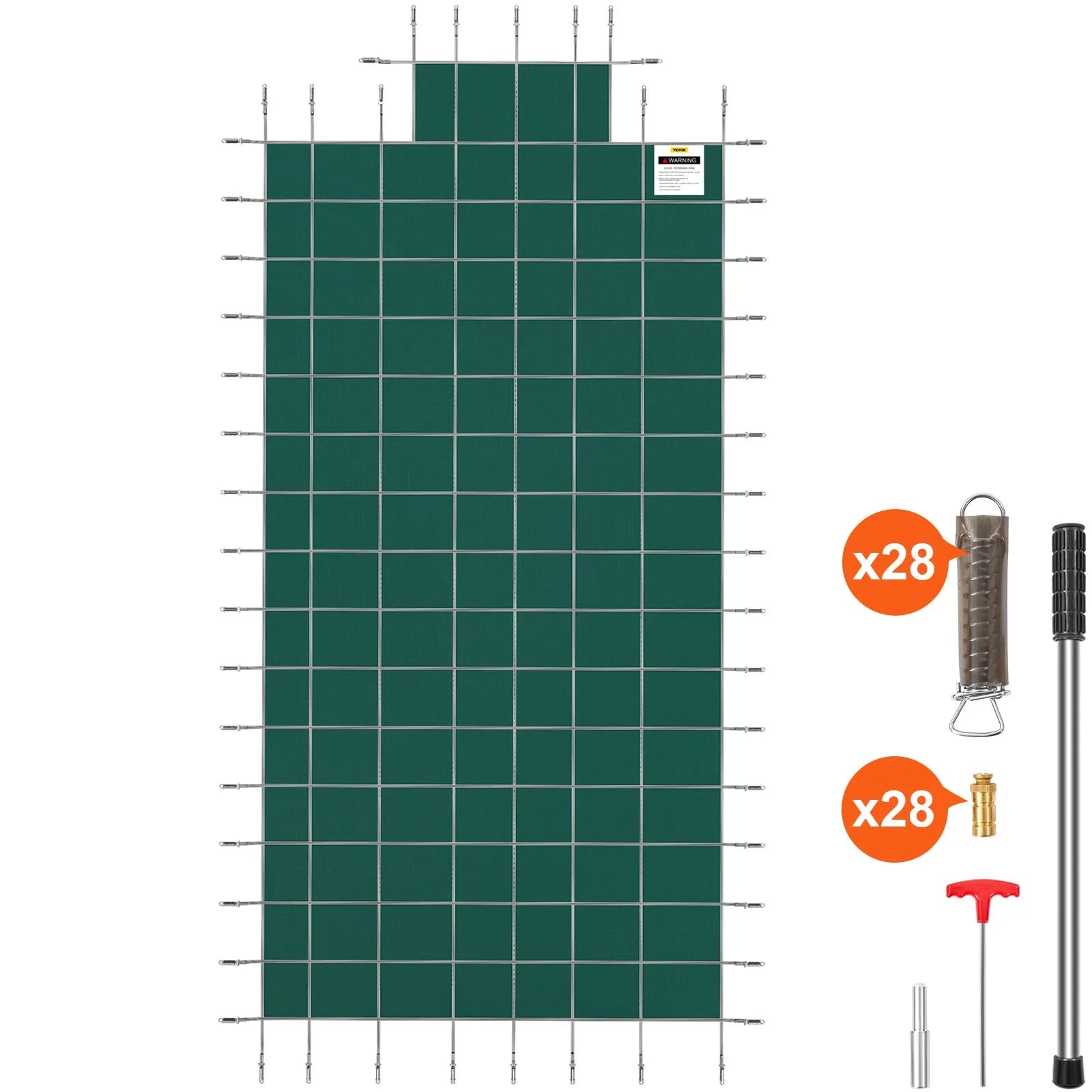 VEVOR drošības baseina pārsegs pazemes taisnstūra baseinam 5,49 × 10,97 m, ar 1,2 × 3,04 m centra gala pakāpienu, sieta tipa pārsegs ar drenāžas atverēm, ziemas drošības pārsegs, zaļš