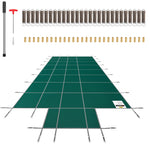 VEVOR drošības baseina pārsegs pazemes taisnstūra baseinam 5,49 × 10,97 m, ar 1,2 × 3,04 m centra gala pakāpienu, sieta tipa pārsegs ar drenāžas atverēm, ziemas drošības pārsegs, zaļš