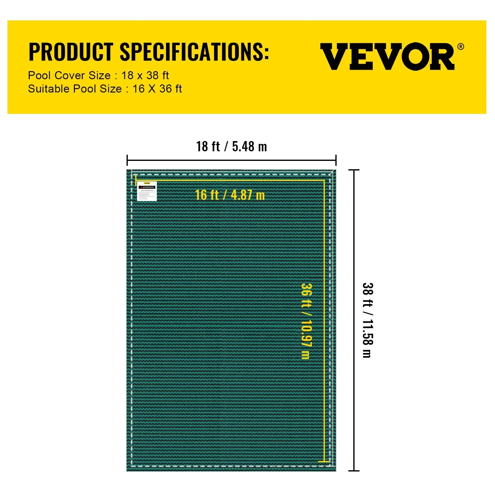 VEVOR baseina drošības pārsegs 5,5 × 11,6 m, taisnstūra iebūvēta baseina drošības sieta pārsegs baseiniem 4,9 × 11 m, ziemas drošības pārsegs peldbaseinam, zaļš