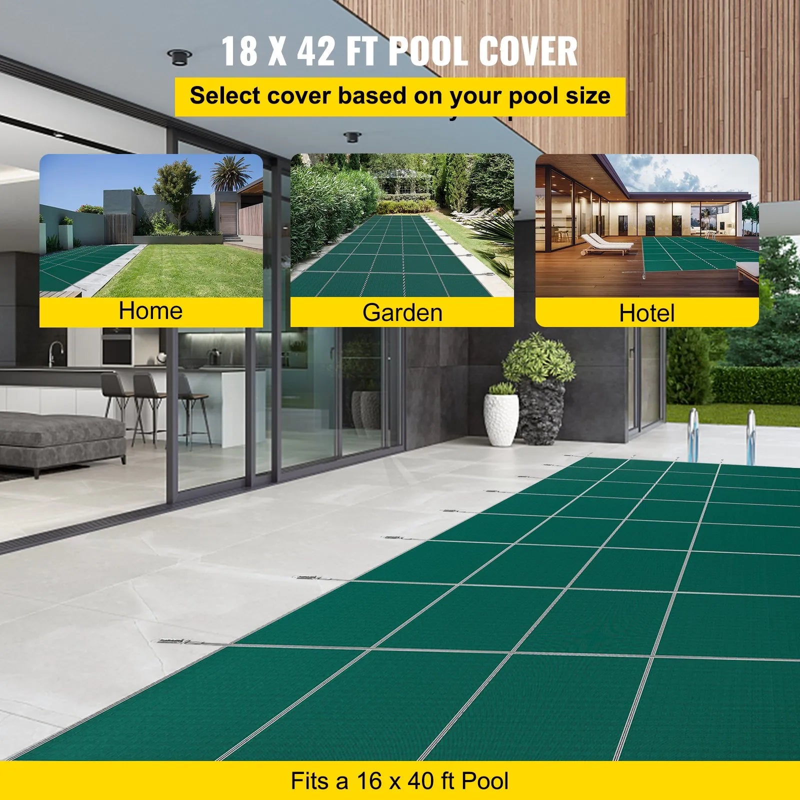 VEVOR baseina drošības pārsegs 5,48 × 12,8 m, piemērots 4,88 × 12,19 m taisnstūra iebūvētiem baseiniem, sieta tipa ziemas drošības pārsegs peldbaseinam, zaļš