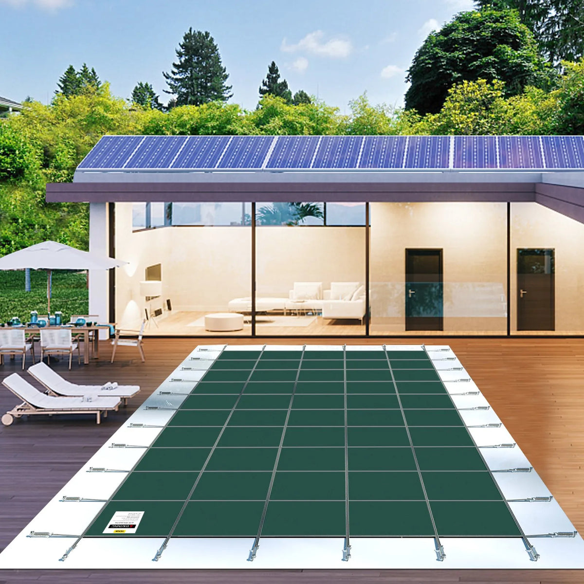 VEVOR baseina drošības pārsegs 5,48 × 12,8 m, piemērots 4,88 × 12,19 m taisnstūra iebūvētiem baseiniem, sieta tipa ziemas drošības pārsegs peldbaseinam, zaļš
