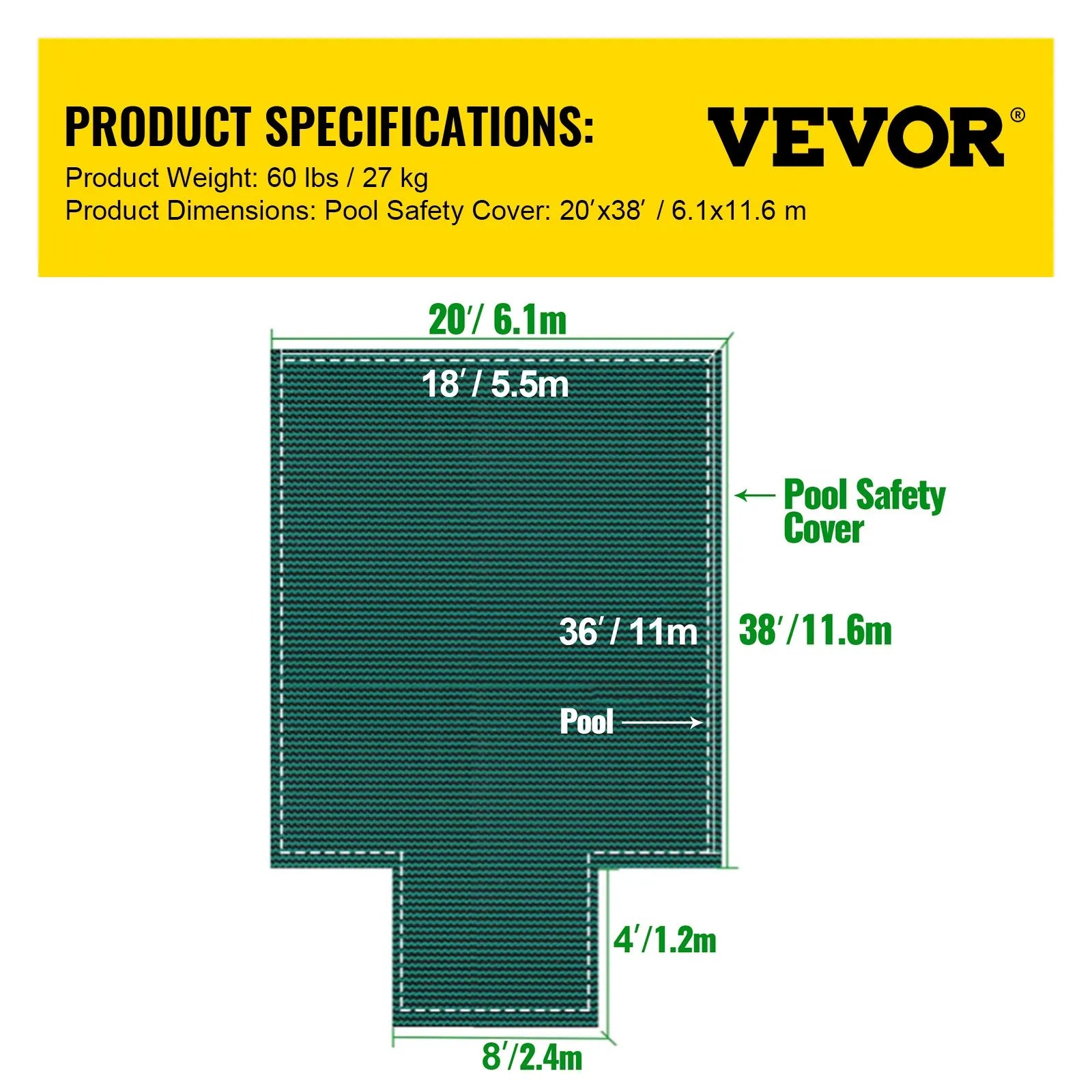 VEVOR baseina drošības pārsegs 18 × 36 ft (5,49 × 10,97 m) taisnstūra iebūvētiem baseiniem ar 1,22 × 3,05 m centrālo gala pakāpienu, sieta tipa drošības pārsegs ar drenāžas atverēm, ziemas pārsegs peldbaseinam, zaļš