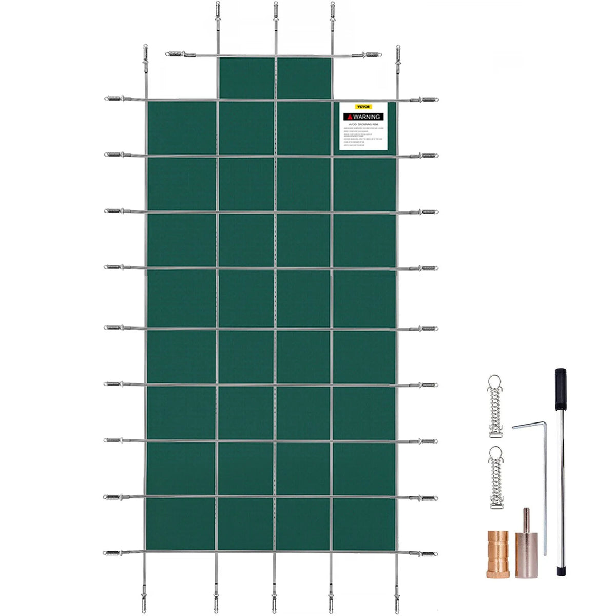 VEVOR baseina drošības pārsegs 18 × 36 ft (5,49 × 10,97 m) taisnstūra iebūvētiem baseiniem ar 1,22 × 3,05 m centrālo gala pakāpienu, sieta tipa drošības pārsegs ar drenāžas atverēm, ziemas pārsegs peldbaseinam, zaļš