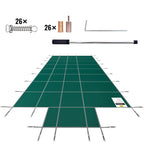 VEVOR baseina drošības pārsegs 18 × 36 ft (5,49 × 10,97 m) taisnstūra iebūvētiem baseiniem ar 1,22 × 3,05 m centrālo gala pakāpienu, sieta tipa drošības pārsegs ar drenāžas atverēm, ziemas pārsegs peldbaseinam, zaļš