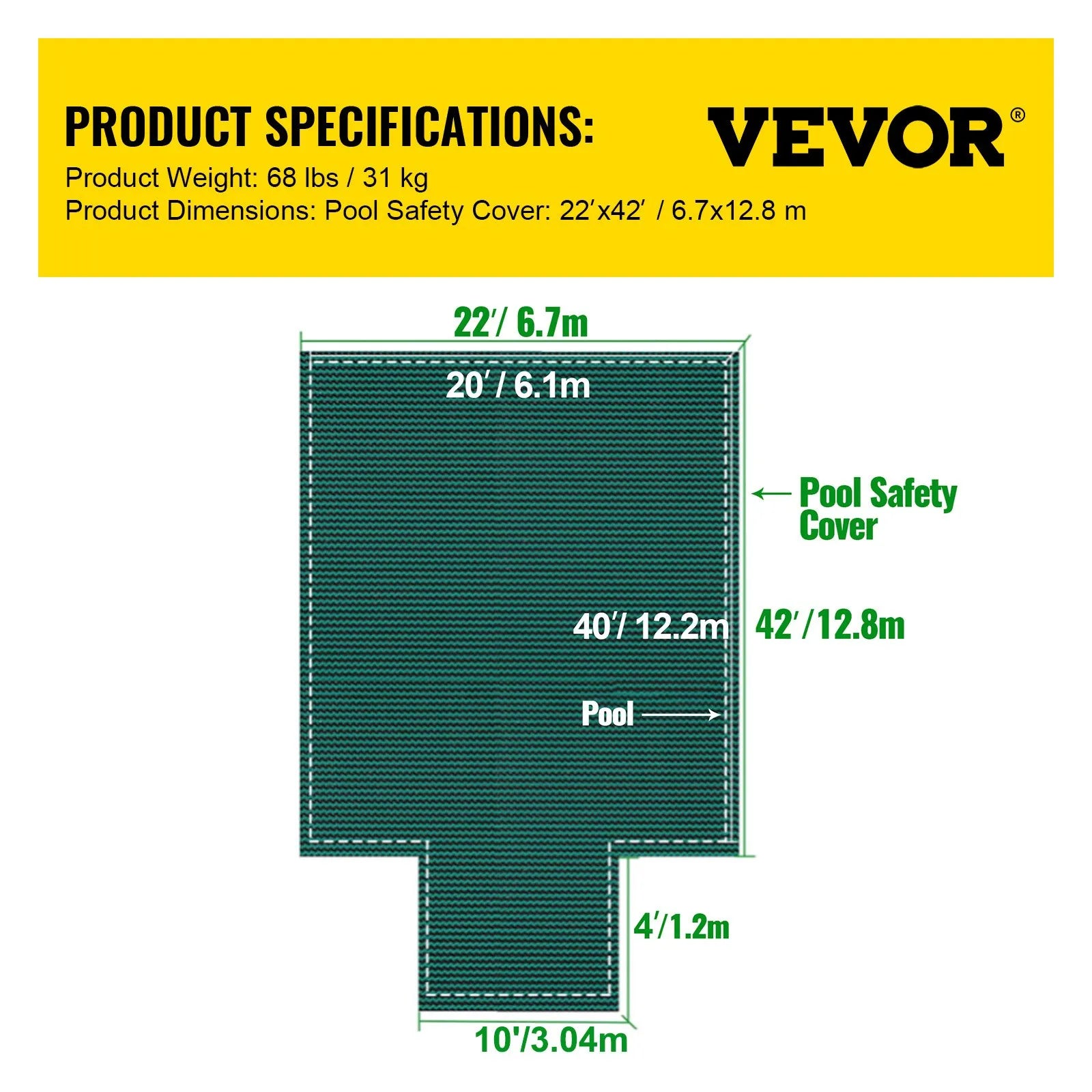 VEVOR baseina drošības pārsegs 20 × 40 ft (6,1 × 12,2 m) taisnstūra iebūvētiem baseiniem ar 1,22 × 3,05 m centrālo gala pakāpienu, sieta tipa drošības pārsegs ar drenāžas atverēm, ziemas pārsegs peldbaseinam, zaļš