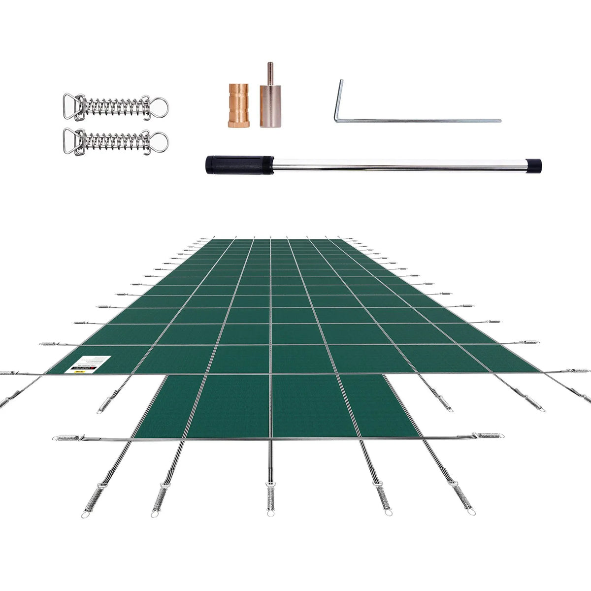 VEVOR baseina drošības pārsegs 20 × 40 ft (6,1 × 12,2 m) taisnstūra iebūvētiem baseiniem ar 1,22 × 3,05 m centrālo gala pakāpienu, sieta tipa drošības pārsegs ar drenāžas atverēm, ziemas pārsegs peldbaseinam, zaļš