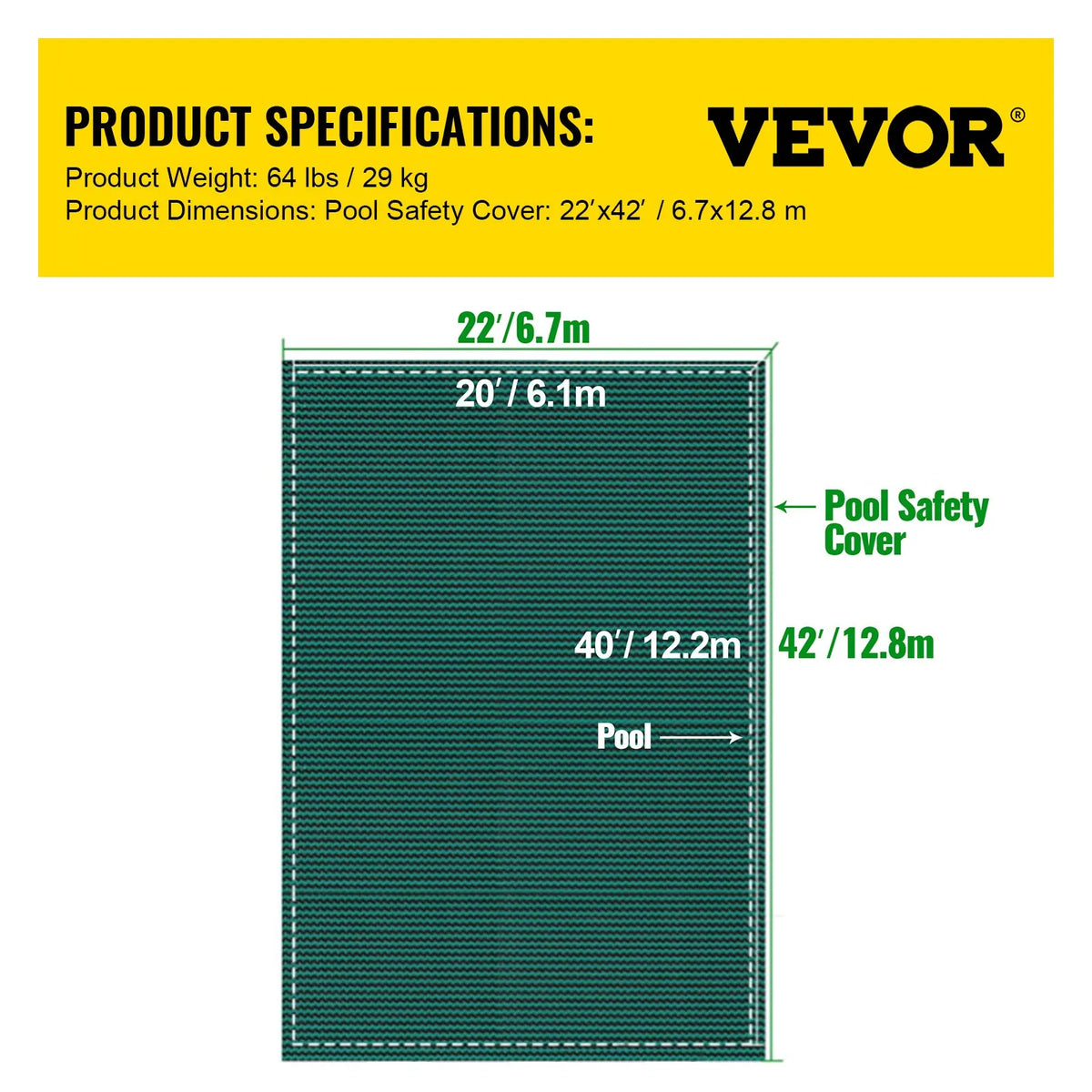 VEVOR baseina drošības pārsegs 6,09 × 12,19 m taisnstūra iebūvētiem baseiniem, drošības pārsegs ar drenāžas atverēm, sieta tipa ziemas pārsegs peldbaseinam, zaļš