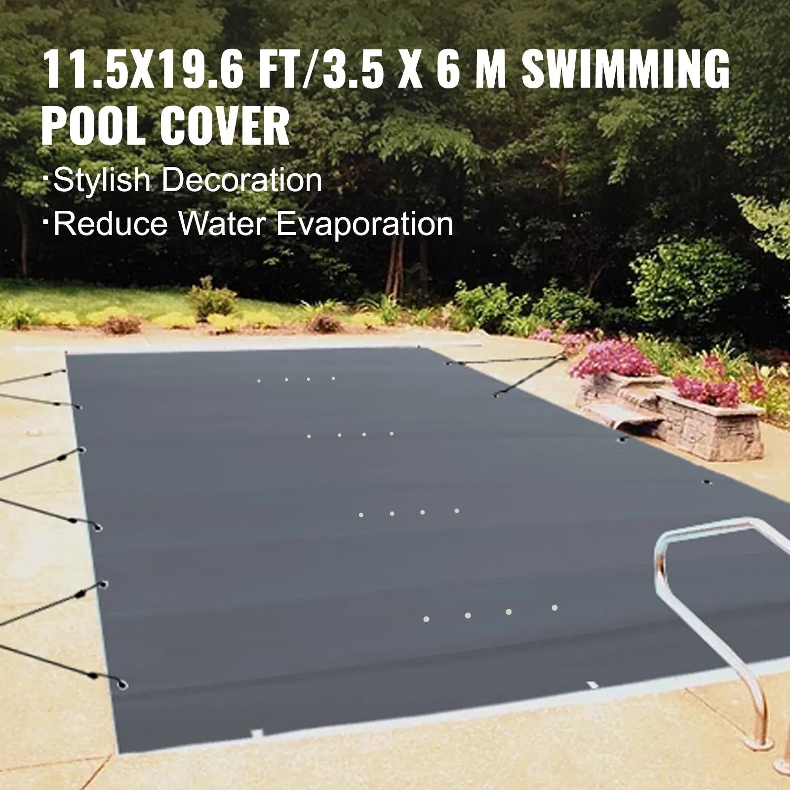 VEVOR baseina drošības pārsegs 3,20 × 5,67 m taisnstūra iebūvētiem baseiniem, drošības sieta pārsegs ar drenāžas atverēm, PVC ziemas pārsegs, tumši pelēks