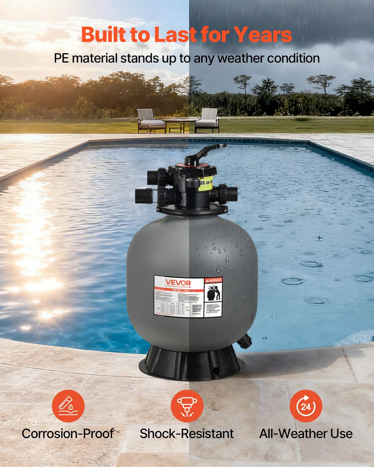 VEVOR Smilšu filtrs baseinam, 508 mm, 189,3 l/min, virszemes un iebūvējamo baseinu filtrācijas sistēma ar 7 virzienu daudzfunkciju vārstu (filtrēšana, atpakaļskalošana, skalošana, recirkulācija, iztukšošana, ziemas režīms, aizvērts)