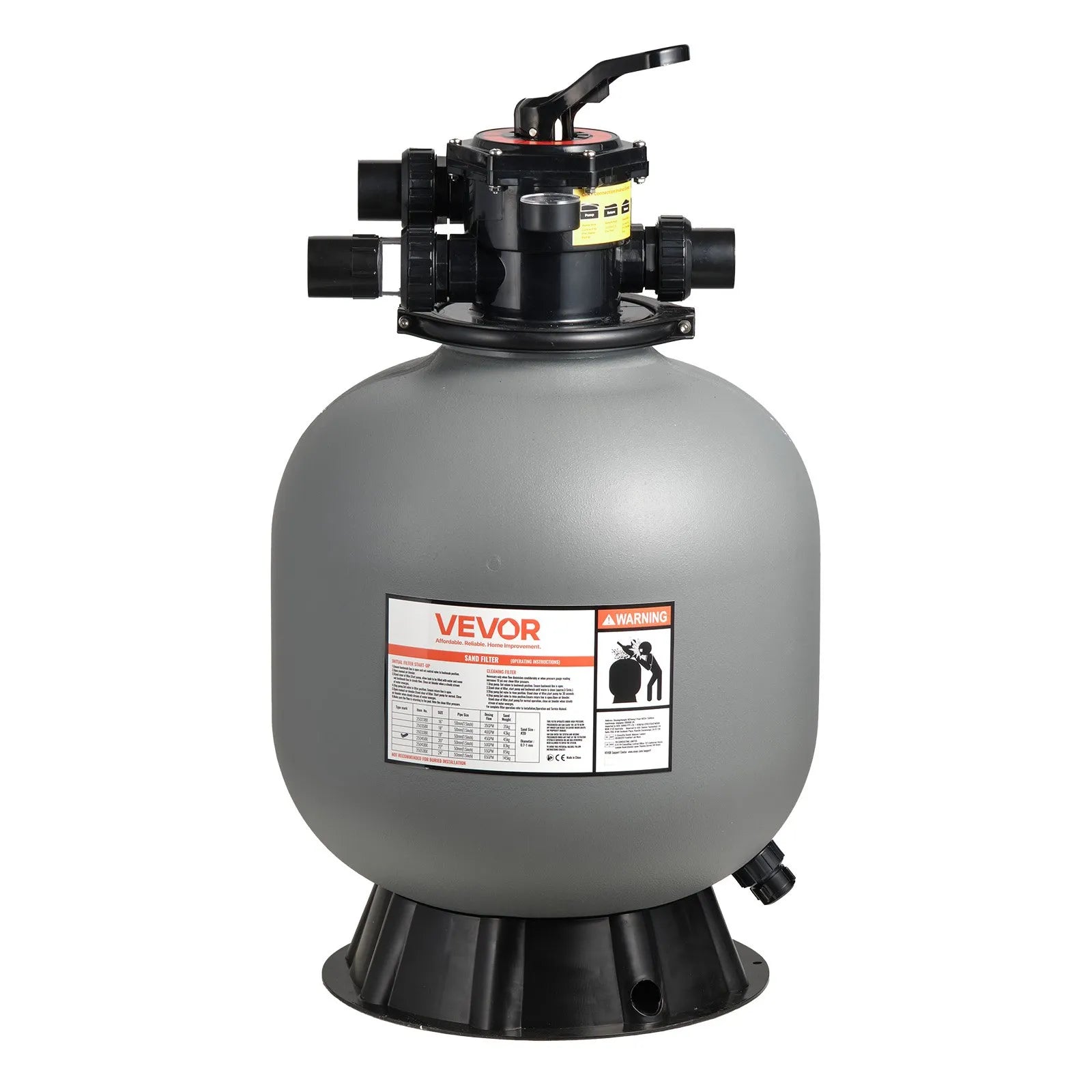 VEVOR Smilšu filtrs baseinam, 508 mm, 189,3 l/min, virszemes un iebūvējamo baseinu filtrācijas sistēma ar 7 virzienu daudzfunkciju vārstu (filtrēšana, atpakaļskalošana, skalošana, recirkulācija, iztukšošana, ziemas režīms, aizvērts)