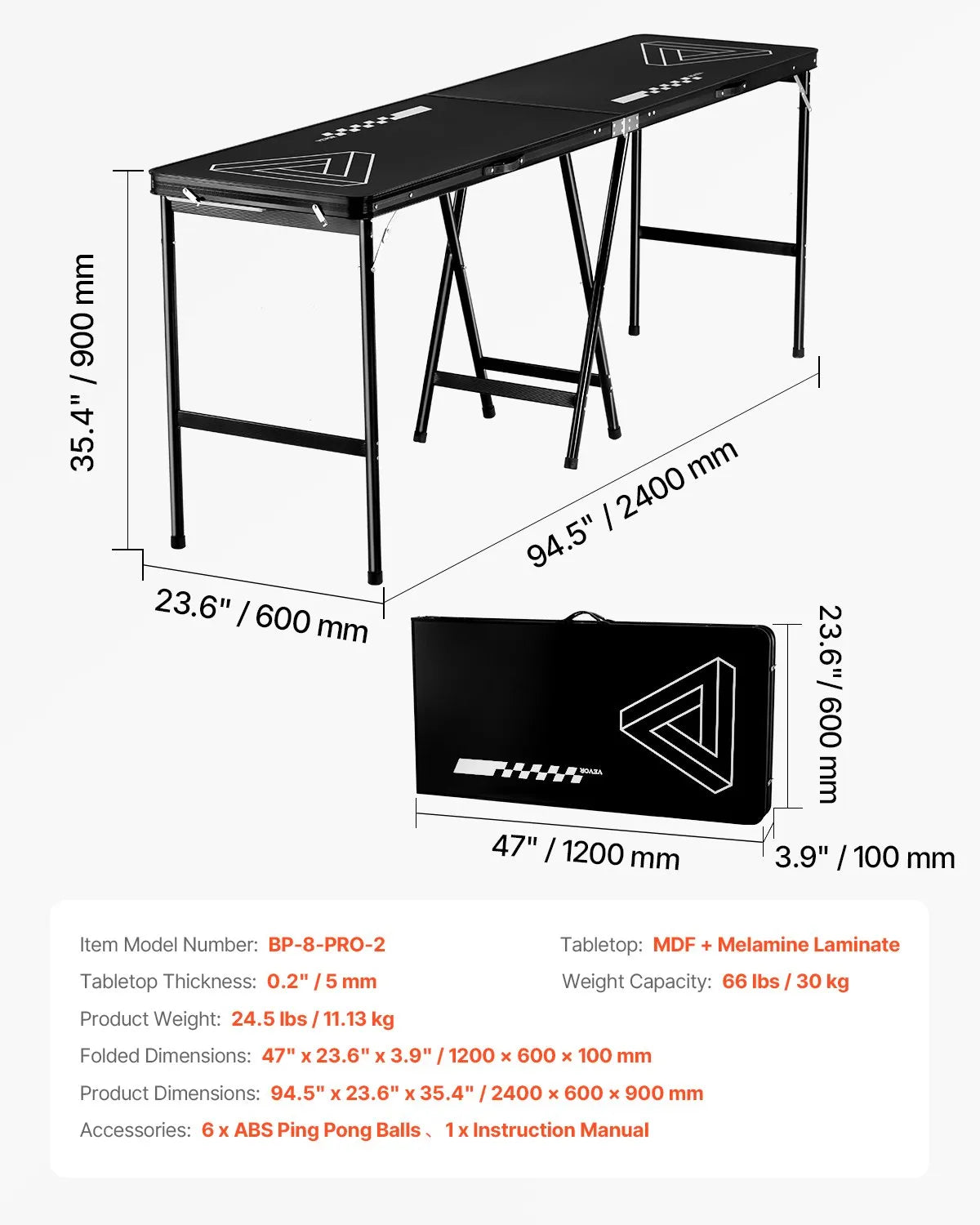 VEVOR pārnēsājams Beer Pong galds, 244 cm, salokāms galds ar 914 mm augstumu, pārnēsāšanas rokturiem un 6 bumbiņām, viegls ballīšu galds birojam, izbraukuma ballītēm, ceļošanai un kempingam, melns