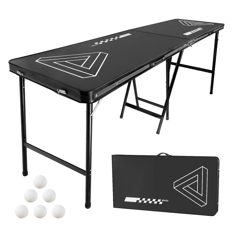 VEVOR pārnēsājams Beer Pong galds, 244 cm, salokāms galds ar 914 mm augstumu, pārnēsāšanas rokturiem un 6 bumbiņām, viegls ballīšu galds birojam, izbraukuma ballītēm, ceļošanai un kempingam, melns