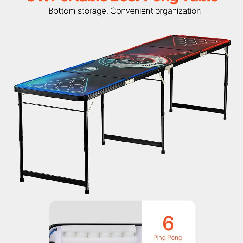 VEVOR pārnēsājams Beer Pong galds ar LED apgaismojumu, 244 cm, salokāms galds ar rokturiem pārnēsāšanai, regulējams augstums, komplektā 6 bumbiņas, viegls galds ballītēm, ceļošanai un kempingam