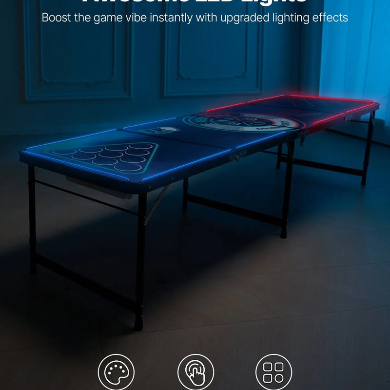 VEVOR pārnēsājams Beer Pong galds ar LED apgaismojumu, 244 cm, salokāms galds ar rokturiem pārnēsāšanai, regulējams augstums, komplektā 6 bumbiņas, viegls galds ballītēm, ceļošanai un kempingam