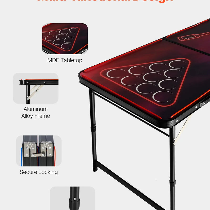 VEVOR pārnēsājams Beer Pong galds ar LED apgaismojumu, 244 cm, salokāms galds ar rokturiem pārnēsāšanai, regulējams augstums, komplektā 6 bumbiņas, viegls galds ballītēm, ceļošanai un kempingam