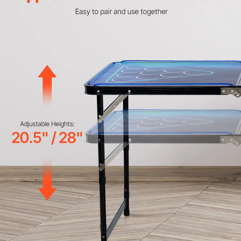 VEVOR pārnēsājams Beer Pong galds ar LED apgaismojumu, 244 cm, salokāms galds ar rokturiem pārnēsāšanai, regulējams augstums, komplektā 6 bumbiņas, viegls galds ballītēm, ceļošanai un kempingam