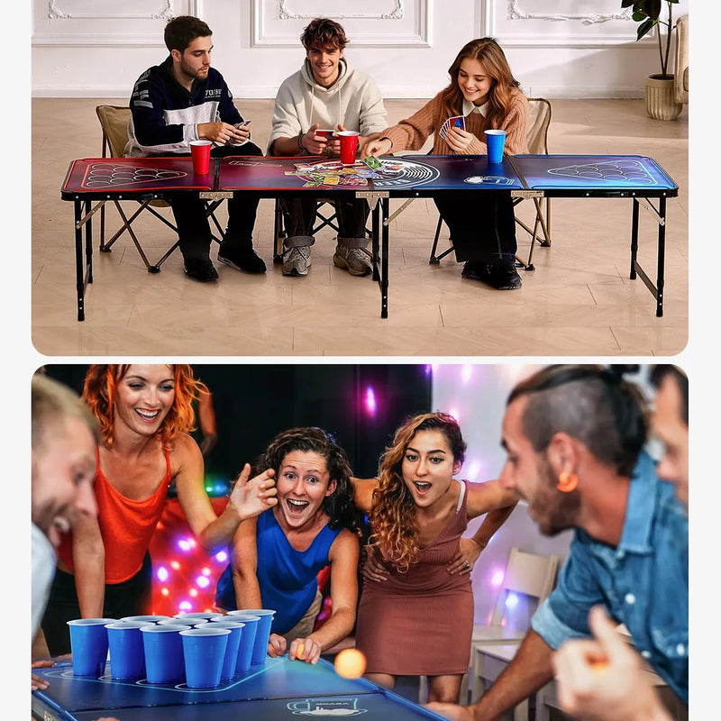 VEVOR pārnēsājams Beer Pong galds ar LED apgaismojumu, 244 cm, salokāms galds ar rokturiem pārnēsāšanai, regulējams augstums, komplektā 6 bumbiņas, viegls galds ballītēm, ceļošanai un kempingam