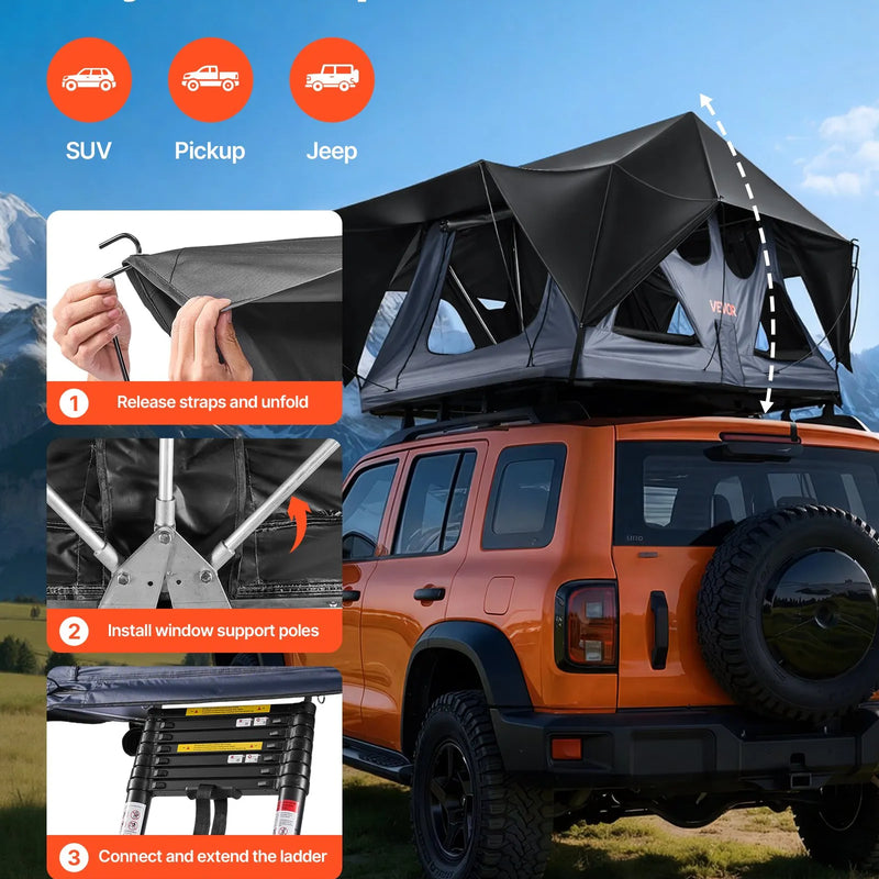 VEVOR salokāma alumīnija jumta telts 2–3 personām ar trīskrāsu LED apgaismojumu, biezs matracis un 10 logi, ūdensizturīga un vēja noturīga, piemērota Jeep, SUV un pikapam