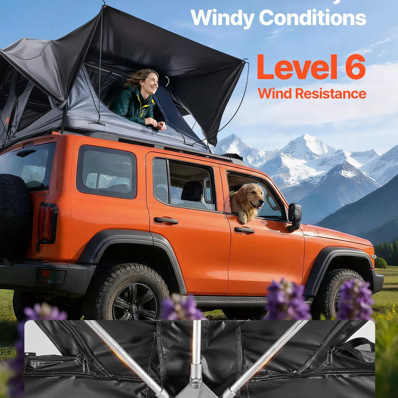 VEVOR salokāma alumīnija jumta telts 2–3 personām ar trīskrāsu LED apgaismojumu, biezs matracis un 10 logi, ūdensizturīga un vēja noturīga, piemērota Jeep, SUV un pikapam