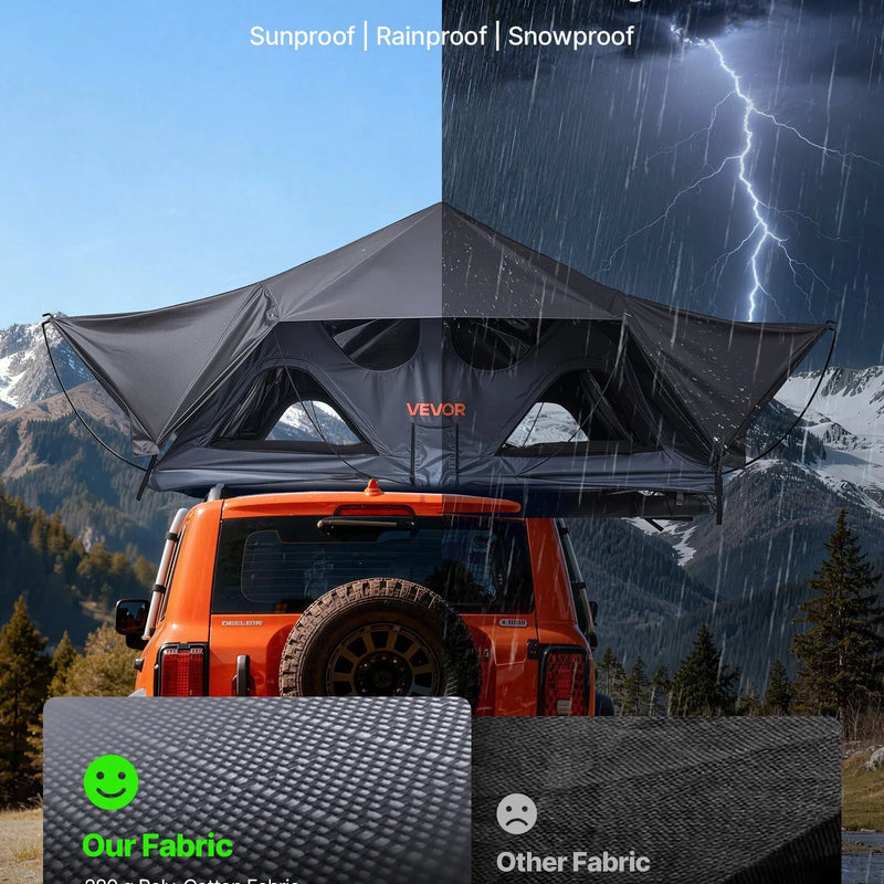 VEVOR salokāma alumīnija jumta telts 2–3 personām ar trīskrāsu LED apgaismojumu, biezs matracis un 10 logi, ūdensizturīga un vēja noturīga, piemērota Jeep, SUV un pikapam