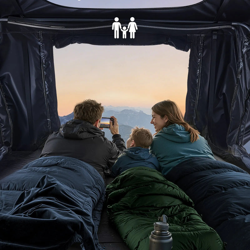 VEVOR salokāma alumīnija jumta telts 2–3 personām ar trīskrāsu LED apgaismojumu, biezs matracis un 10 logi, ūdensizturīga un vēja noturīga, piemērota Jeep, SUV un pikapam