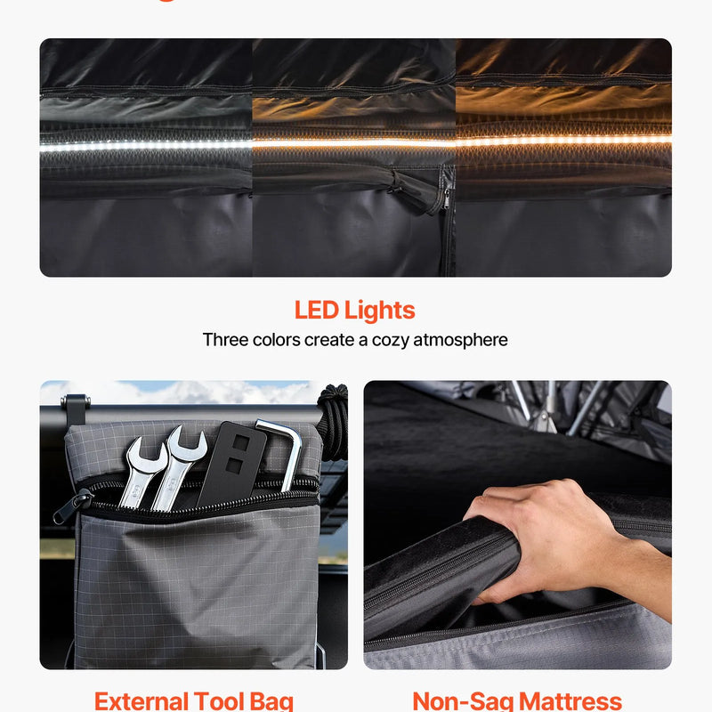 VEVOR salokāma alumīnija jumta telts 2–3 personām ar trīskrāsu LED apgaismojumu, biezs matracis un 10 logi, ūdensizturīga un vēja noturīga, piemērota Jeep, SUV un pikapam