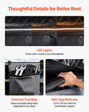 VEVOR salokāma alumīnija jumta telts 2–3 personām ar trīskrāsu LED apgaismojumu, biezs matracis un 10 logi, ūdensizturīga un vēja noturīga, piemērota Jeep, SUV un pikapam