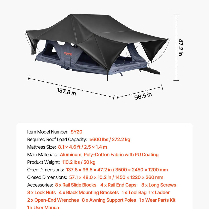 VEVOR salokāma alumīnija jumta telts 2–3 personām ar trīskrāsu LED apgaismojumu, biezs matracis un 10 logi, ūdensizturīga un vēja noturīga, piemērota Jeep, SUV un pikapam