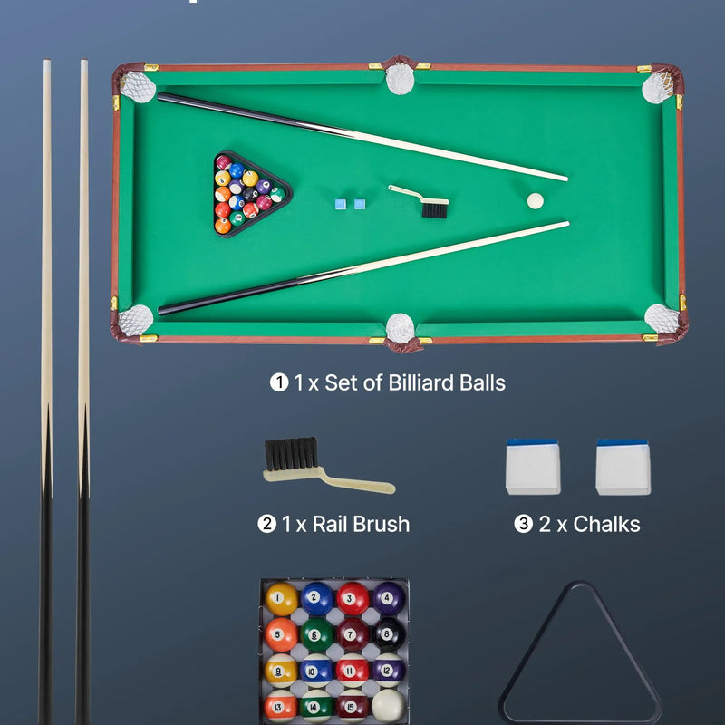 VEVOR salokāms biljarda galds 140 cm, pārnēsājams un vietu taupošs spēļu komplekts, komplektā bumbas, kijas, trijstūris, krīts un birste, brūns ar zilu audumu, piemērots ģimenes atpūtai un spēļu istabai