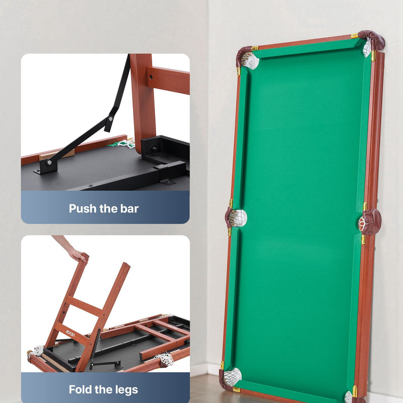 VEVOR salokāms biljarda galds 140 cm, pārnēsājams un vietu taupošs spēļu komplekts, komplektā bumbas, kijas, trijstūris, krīts un birste, brūns ar zilu audumu, piemērots ģimenes atpūtai un spēļu istabai