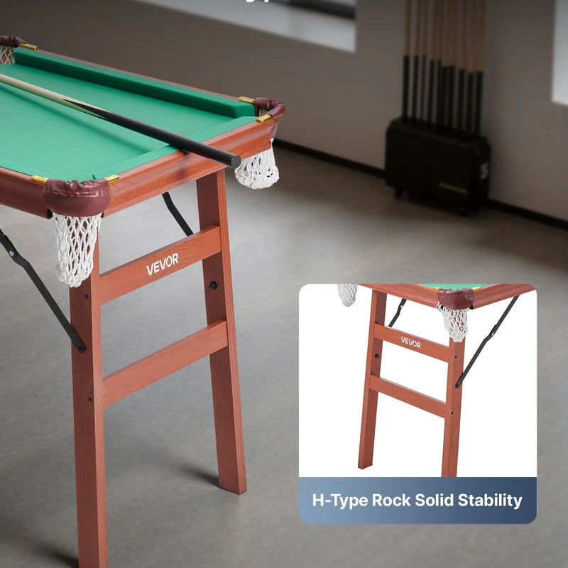 VEVOR salokāms biljarda galds 140 cm, pārnēsājams un vietu taupošs spēļu komplekts, komplektā bumbas, kijas, trijstūris, krīts un birste, brūns ar zilu audumu, piemērots ģimenes atpūtai un spēļu istabai
