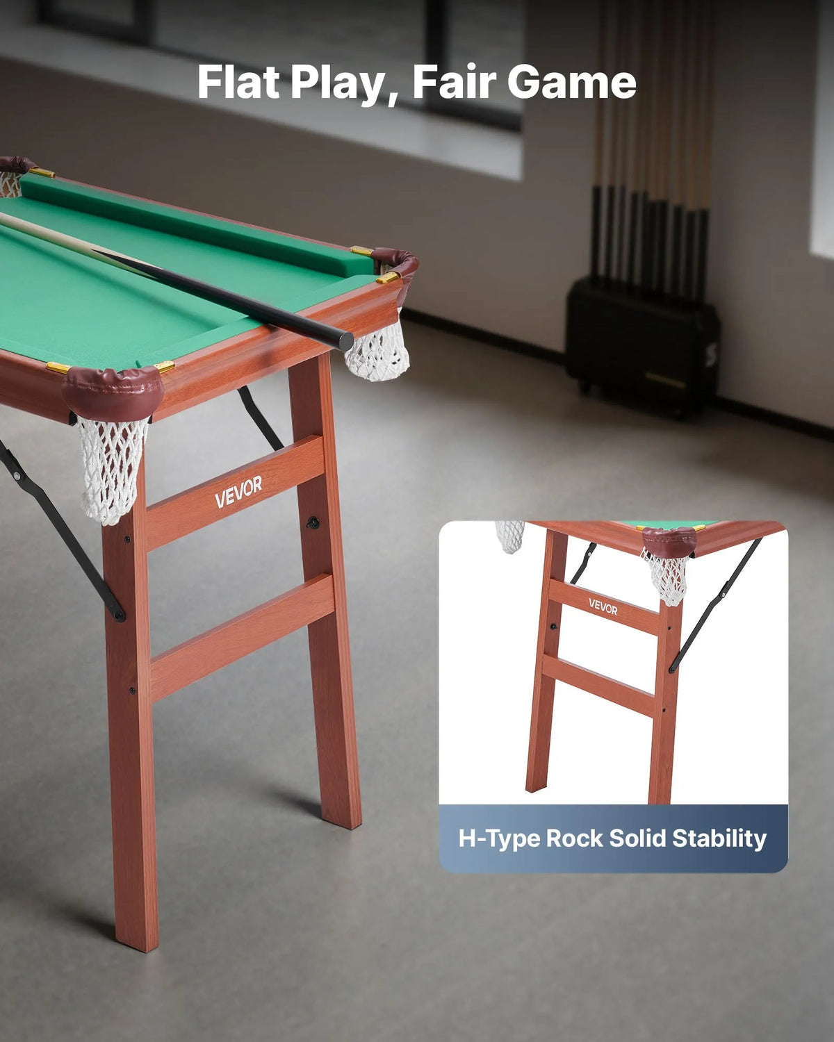 VEVOR salokāms biljarda galds 140 cm, pārnēsājams un vietu taupošs spēļu komplekts, komplektā bumbas, kijas, trijstūris, krīts un birste, brūns ar zilu audumu, piemērots ģimenes atpūtai un spēļu istabai