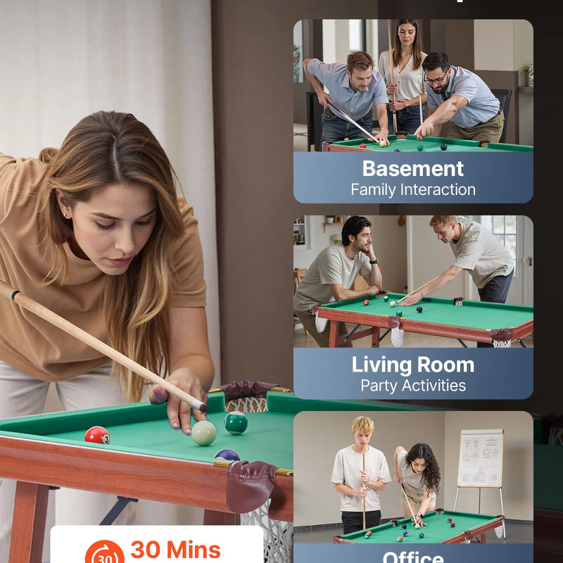 VEVOR salokāms biljarda galds 140 cm, pārnēsājams un vietu taupošs spēļu komplekts, komplektā bumbas, kijas, trijstūris, krīts un birste, brūns ar zilu audumu, piemērots ģimenes atpūtai un spēļu istabai
