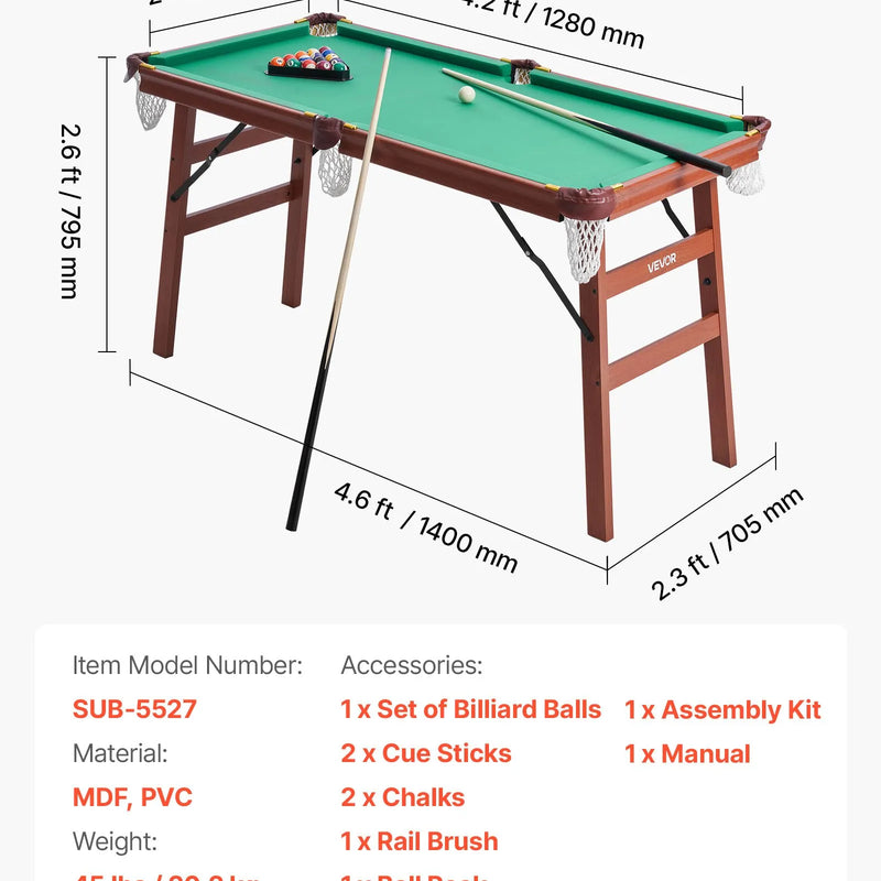 VEVOR salokāms biljarda galds 140 cm, pārnēsājams un vietu taupošs spēļu komplekts, komplektā bumbas, kijas, trijstūris, krīts un birste, brūns ar zilu audumu, piemērots ģimenes atpūtai un spēļu istabai