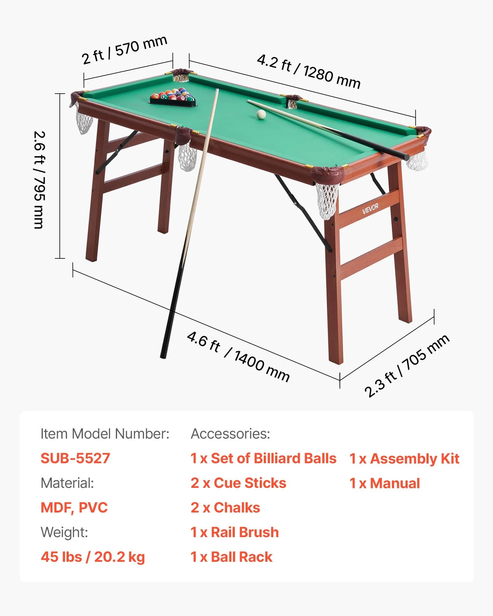 VEVOR salokāms biljarda galds 140 cm, pārnēsājams un vietu taupošs spēļu komplekts, komplektā bumbas, kijas, trijstūris, krīts un birste, brūns ar zilu audumu, piemērots ģimenes atpūtai un spēļu istabai