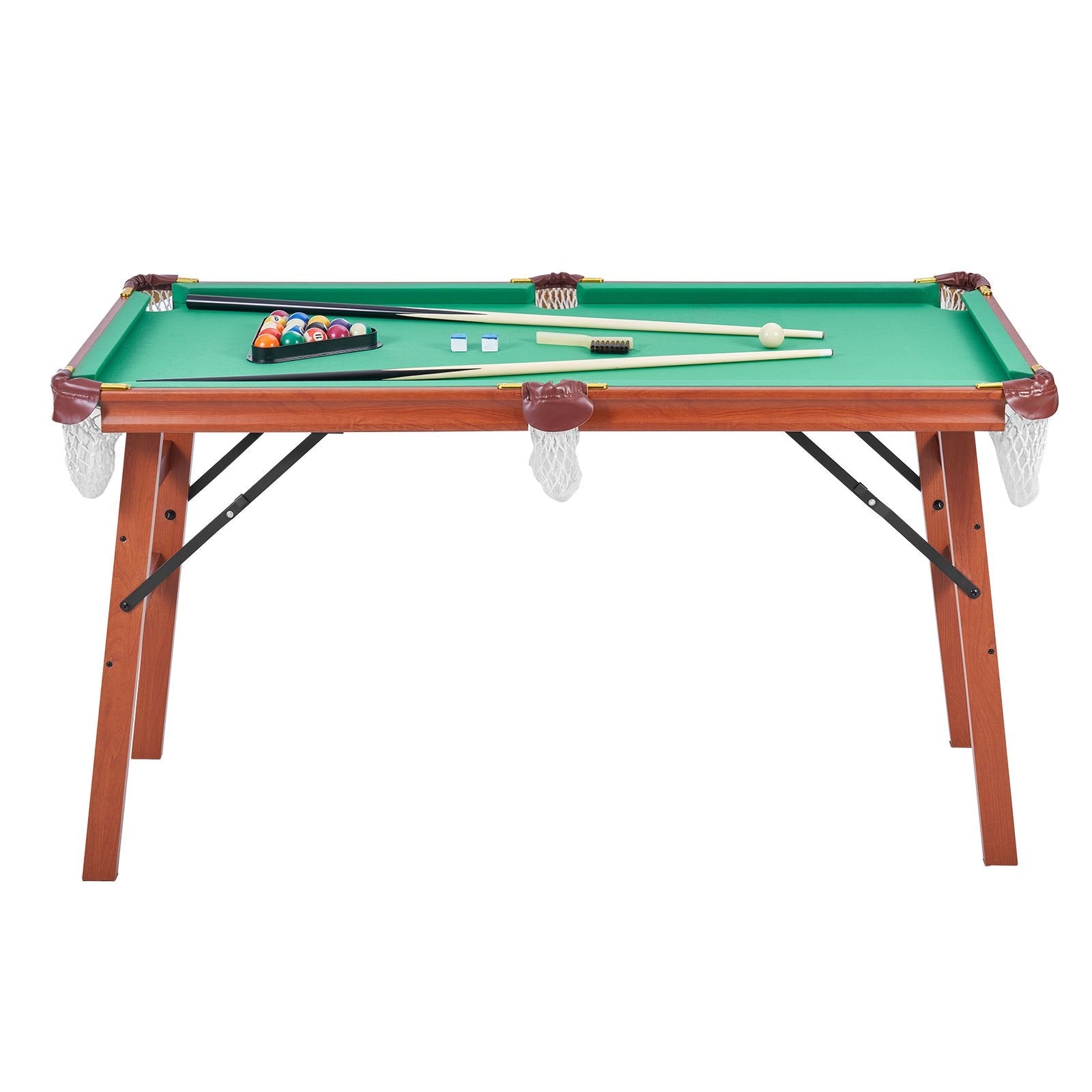 VEVOR salokāms biljarda galds 140 cm, pārnēsājams un vietu taupošs spēļu komplekts, komplektā bumbas, kijas, trijstūris, krīts un birste, brūns ar zilu audumu, piemērots ģimenes atpūtai un spēļu istabai